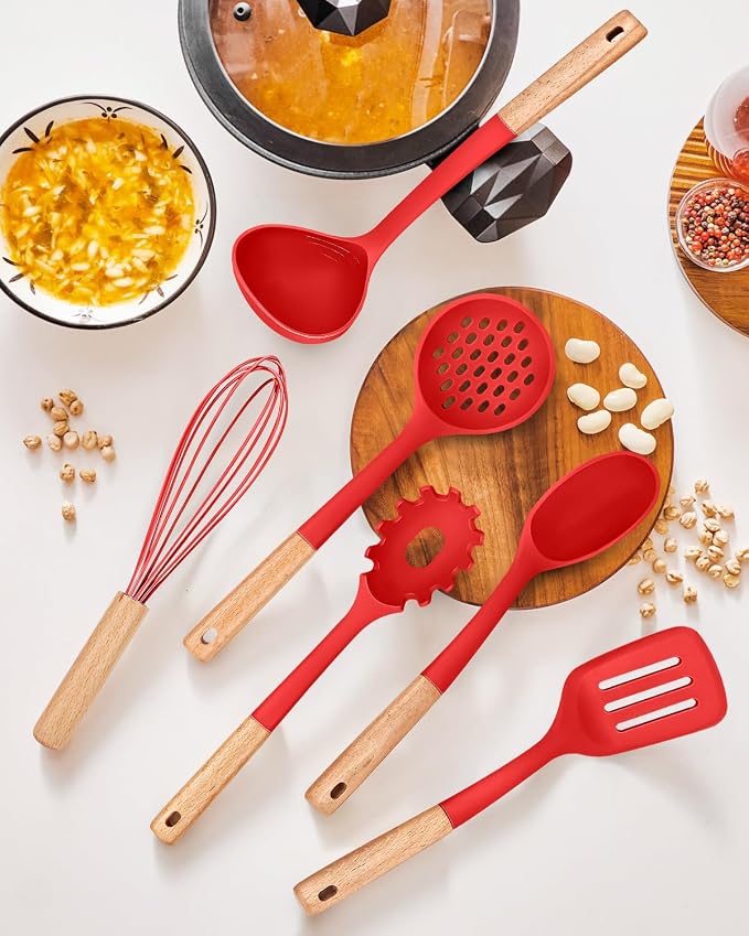 13PCS Silicone Kitchen Utensils Set for Nonstick Cookware, Red | Food Grade, Heat Resistant Kitchen Utensil Spatula Set, Wooden Handles Kitchen Gadgets Tools Set
