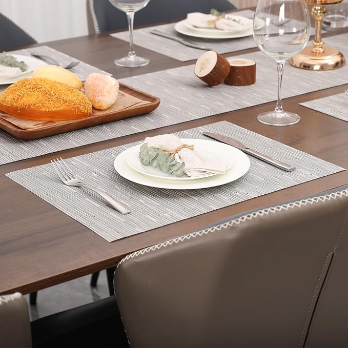 Myir JUN Placemats Set of 6 Kitchen and Dining Table Placemats | Vinyl Placemats Place Mats Indoor/Outdoor Set of 6 Washable Table Mats Non-Slip Place mats for Dining Table, Silver