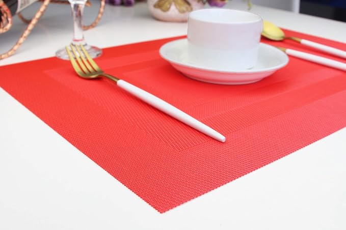 PIGCHCY Vinyl Placemats Set of 12 Washable Durable Kitchen Easy to Clean Plastic Placemats for Dining Table (Passionate Red)