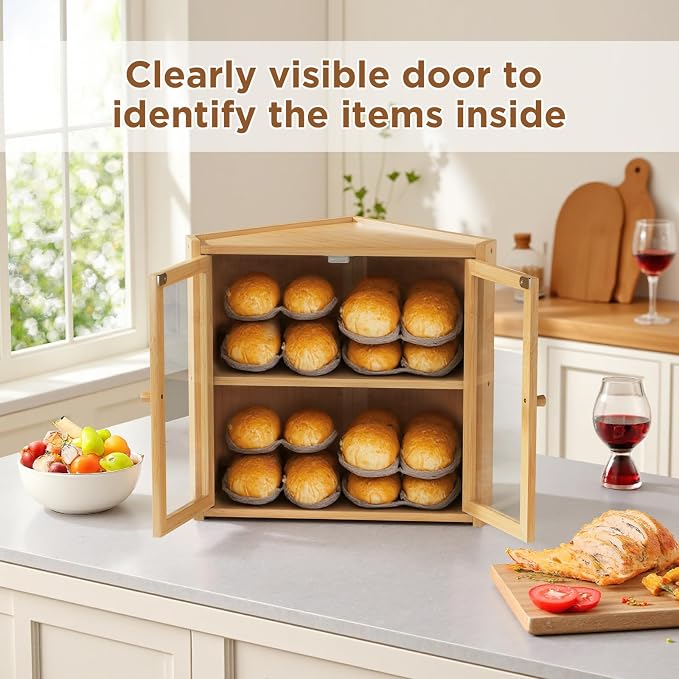 BAMBANG Bread Box, Double Layer Bamboo Bread Bin for Homemade Bread Bakers and Corner Kitchen Countertop with Double Doors, Not Suitable for Oversized Loaves, Natural