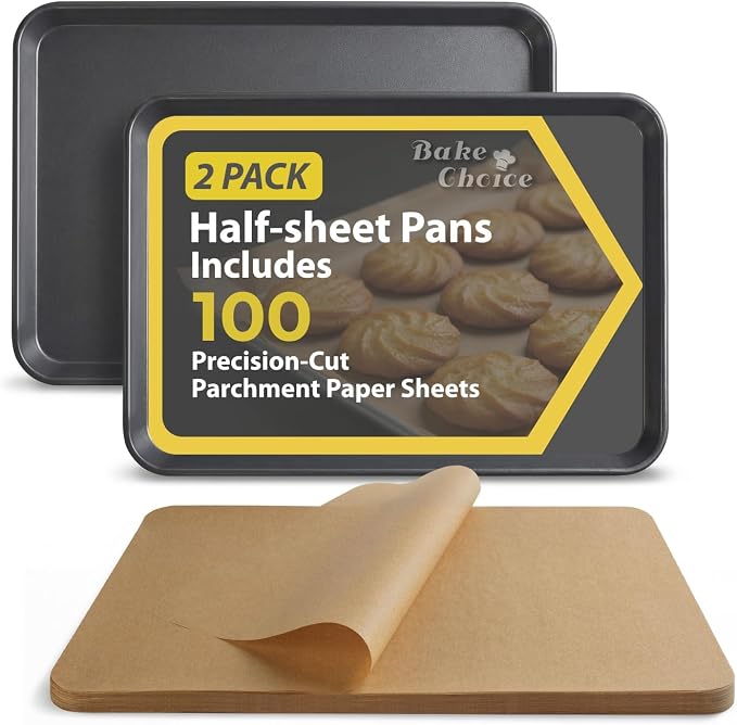 Bake Choice 2 Pack 18x13In Half Sheet Pans With 100Pcs Parchment Sheets | Heavy Duty Carbon Steel, Warp Resistant Nonstick Baking Sheet, Commercial Grade Cookie Sheets for Oven Baking Roasting