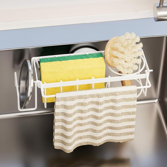 TAILI 4-in-1 Sink Sponge Holder for Kitchen with Strong Suction Cup-White | Removable Sink Caddy with Suction Cup, Rustproof 304 Stainless Steel Multi-compartment Sink Organizer for Sponge, Brushes