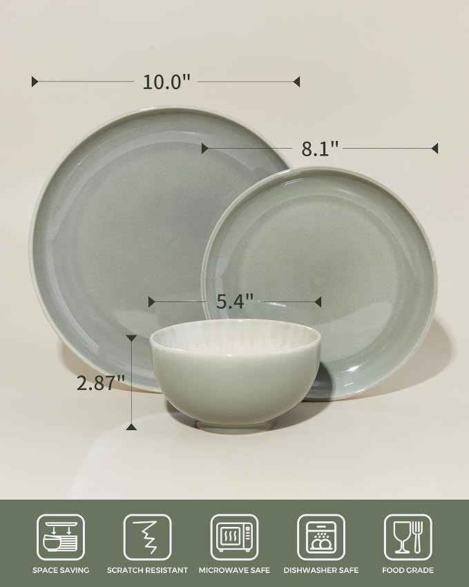 Stoneware Dinnerware Sets for 6, Microwave Safe Plate and Bowl Set, Easy to Clean & Durable Dishes Sets for Small to Medium Families, Gray Green