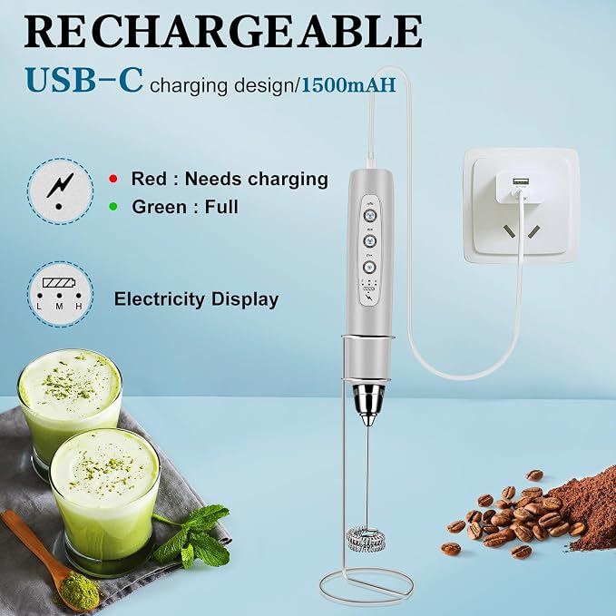 Milk Frother Wand Rechargeable Handheld Whisk Coffee 3 Speed Adjustable | Electric Whisk Drink Mixer with Stainless 3 Whisks Hand Frother , Foam Maker for Latte Cappuccino Matcha Egg Silver