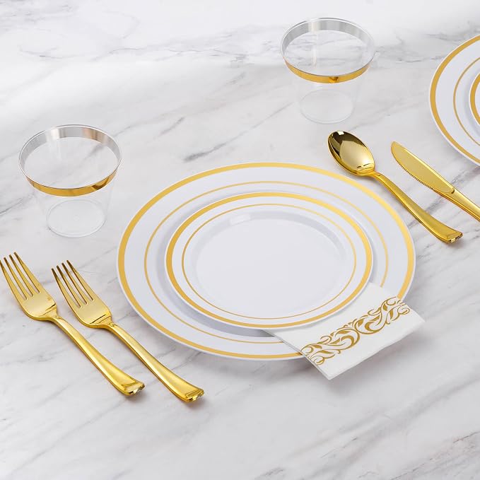 875 Piece Gold Dinnerware Set for 125 Guests, Bulk Dinnerware | Include: 125 Gold Rim Dinner Plates, 125 Dessert Plates, 125 Paper Napkins, 125 Cups, 125 Plastic Silverware Sets for Party