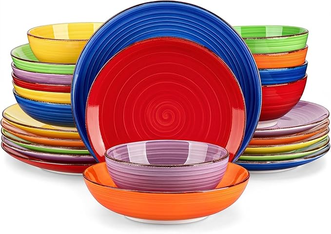 vancasso Bonita Dinnerware Sets, 24 Pieces Multicolor Stoneware Dinner Set | Handpainted Spirals Pattern Ceramic Plates and Bowls Sets, Kitchen Plate Set for 6 Dishes Sets-Microwave and Dishwasher Safe
