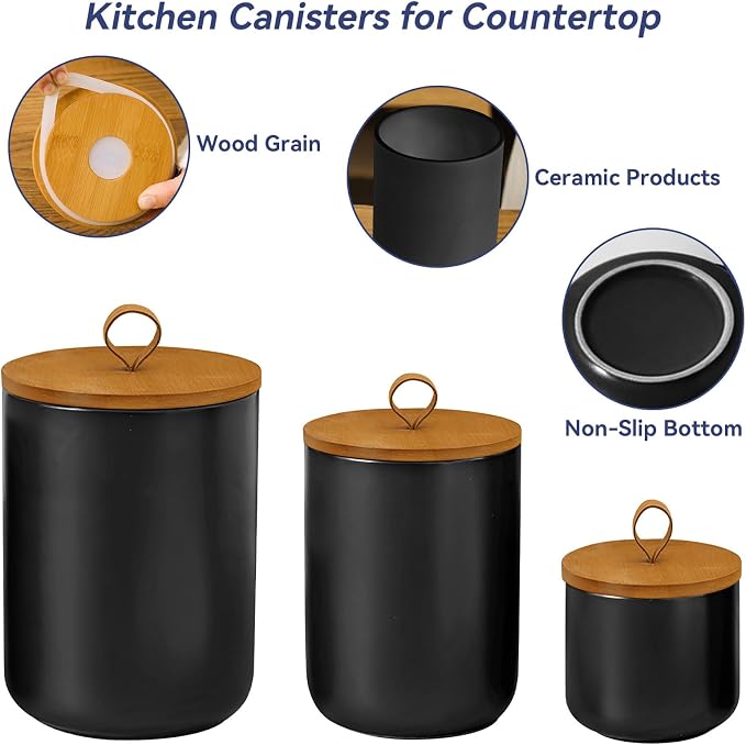 Ceramic Storage Jars, Modern Airtight Canisters with Wooden Lid (Black trumpet)
