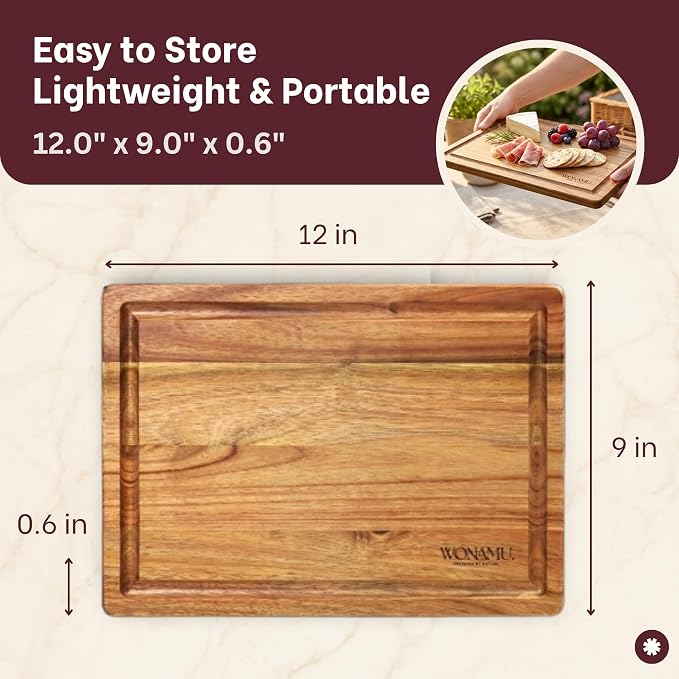 WONAMU Small Acacia Cutting Board Non Toxic, Wood Cutting Boards Gift Set | Acacia Wood Cutting Boards for Kitchen, Cotton Cloth & Gift Box Included, Housewarming Gifts New Home, Charcuterie Tray