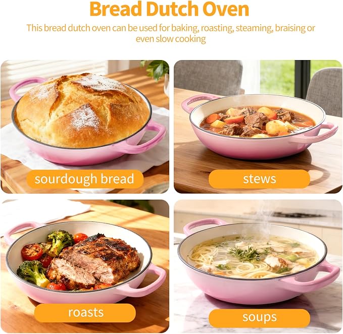 6QT Enameled Cast Iron Pink Dutch Oven For Sourdough Bread Baking | Dutch Oven Pot With Lid,Non-stick Sourdough Baking Pan with Bread Dome,Round Ceramic Dutch Oven Pot for Homemade
