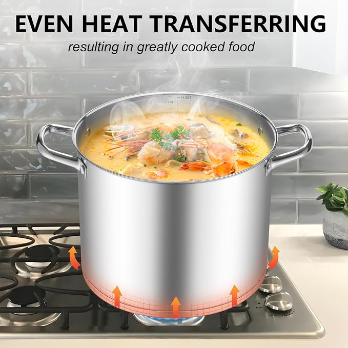 TeamFar Stainless Steel Stock Pot, 14QT Tri-ply Bottom Large Stockpot | Cooking Soup Pot with Lid, for Induction Gas Electric Glass Tops, Non Toxic & Sturdy, Straight Side & Various Stovetops Safe