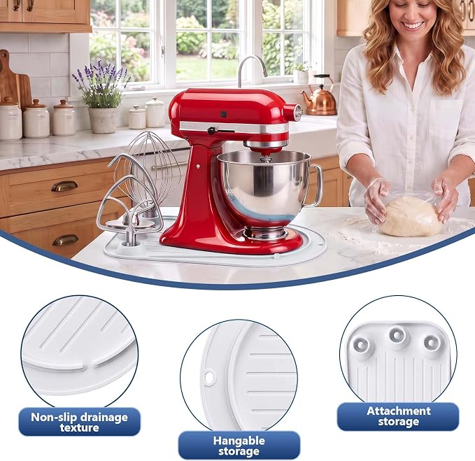 Upgraded Mixer Slider Mat for KitchenAid 4.5-5 Qt Tilt-Head Stand Mixer | Silicone Countertop Mover with 3 Attachment Storage Slots, Non-Slip Mixer Pad Organizer for Dough Hook Whisk Flat Beater