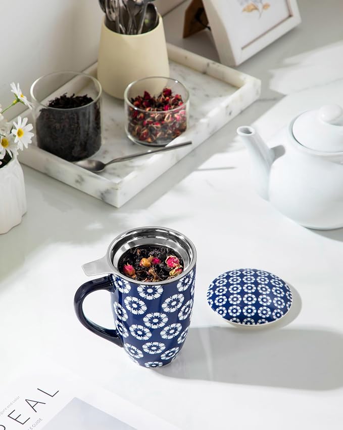 vancasso SELENE Porcelain Tea Mug, 18 oz Porcelain Tea Cup with Infuser and Lid Steeps Loose Leaf Tea, Microwave & Dishwasher Safe, Daisy Cluster