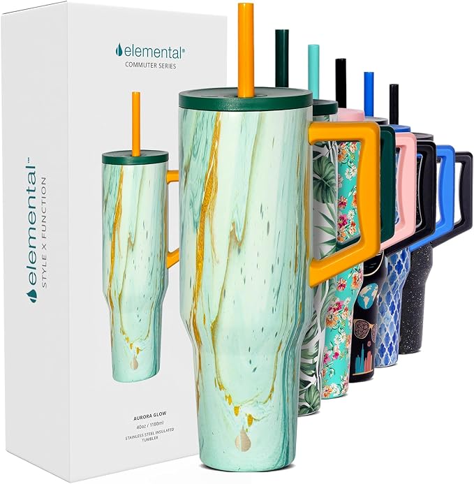 Elemental Spill Proof 40oz Insulated Tumbler with Handle & Straw Travel Mug | Stainless Steel Commuter Travel Coffee Mug for Cold Beverages, Includes 2 Straws & a Spill Proof Lid for Everyday Use