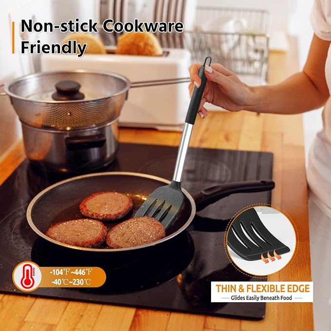 E-far Silicone Cooking Kitchen Utensils Set of 4 for Non-stick Cookware | Heat Resistant & Non-toxic, Includes Slotted Spatula Solid Spoon Turner, For Flipping Mixing Serving Basting, Black