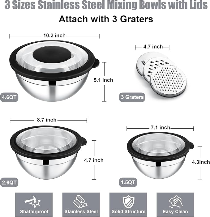 E-far Mixing Bowls with Lids and Graters, Stainless Steel Salad Mixing Bowl with Transparent Lid Set of 3, Metal Nesting Salad Storage for Kitchen Prepping/Serving/Baking, 4.6/2.6/1.5QT - Black