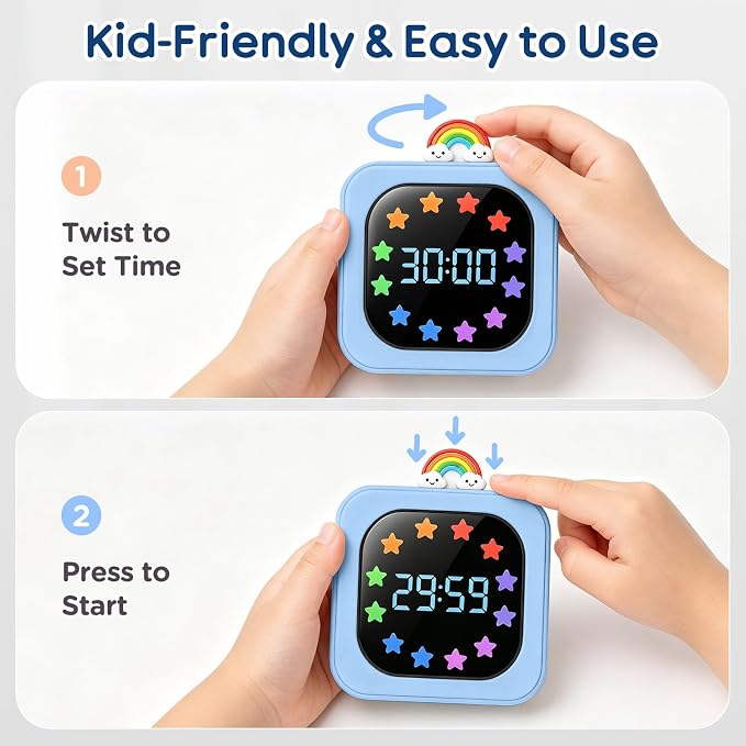 Digital Visual Timer for Kids with 12-Star Rainbow Display & 9 Color Modes | 99-Minute Count-Up & Countdown Timer with Silent Mode & Pause for Classroom, Home, Kitchen, Rechargeable, Blue
