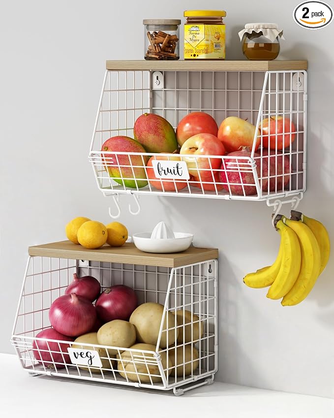 Goozii White Fruit Storage Basket for Kitchen Counter Set of 2, Wall Mount Wire Fruit Basket with Shelf with Banana Hanger, Hanging Countertop Organizer for Bathroom Pantry Cabinet, White + Natural