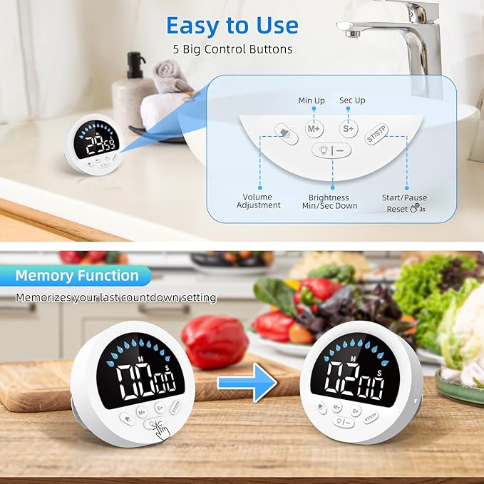 Waterproof Shower Timer for Bathroom Kitchen with Countdown Count-up, White | Large LED Display, 3 Brightness, 4 Volume, Battery Powered, Suction Cup Mounted Digital Stopwatch for Toilet Classroom