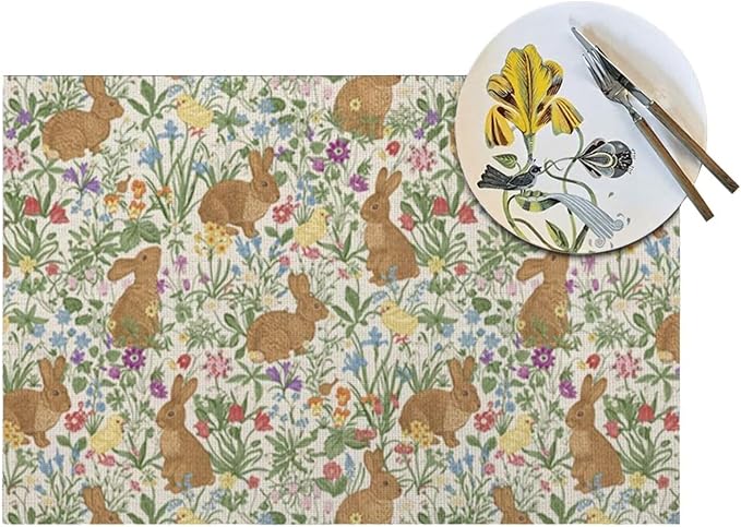 Easter Placemats Set of 4, Spring Rabbit Bunny Floral Flower Decorative Table Mat 12 x 18 Inch Heat Resistant Non Slip Line Fabric Place mat for Holiday Party Kitchen Dining Decor