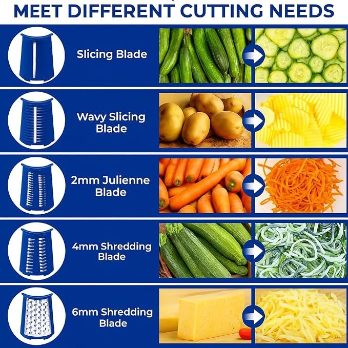 Rotary Cheese Grater Hand Crank, 5 Blade Shredder with Suction Base | Suction Base Locks to Counter, Stainless Blades, Hand Held Cheese Grinder with Handle for Veggies, Nuts & Hard Cheese