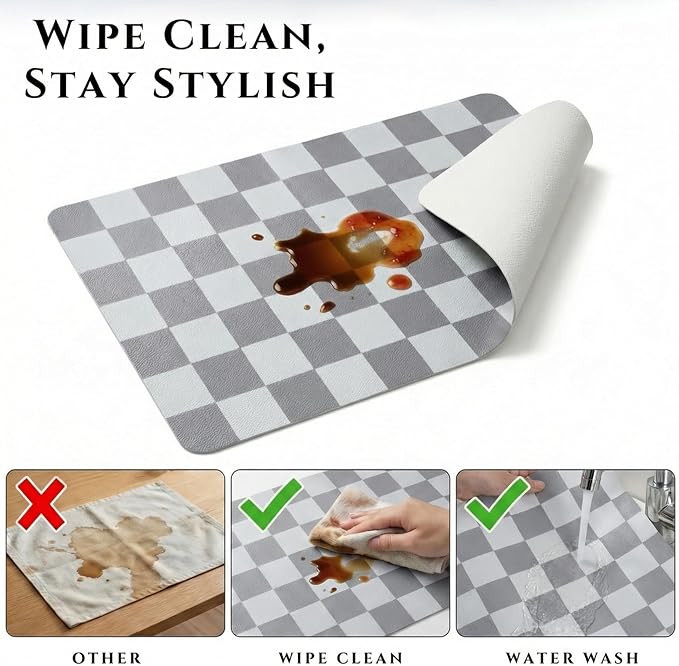 Set of 6 Checkerboard Non-Slip Washable Placemats for Dining Table | Waterproof & Heat-Resistant Faux Leather Mats | Easy Wipe Clean Tablemats for Indoor Dining, 17’’×12’’, Grey