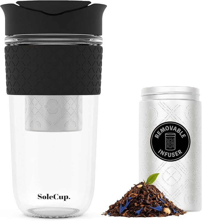 Large Travel Mug Loose Tea Infuser - Detachable Tea Strainer with Spill Proof Lid - 18oz/530ml BPA-Free Reusable Glass Travel Coffee Cup with Silicone Band (Black, 18oz)
