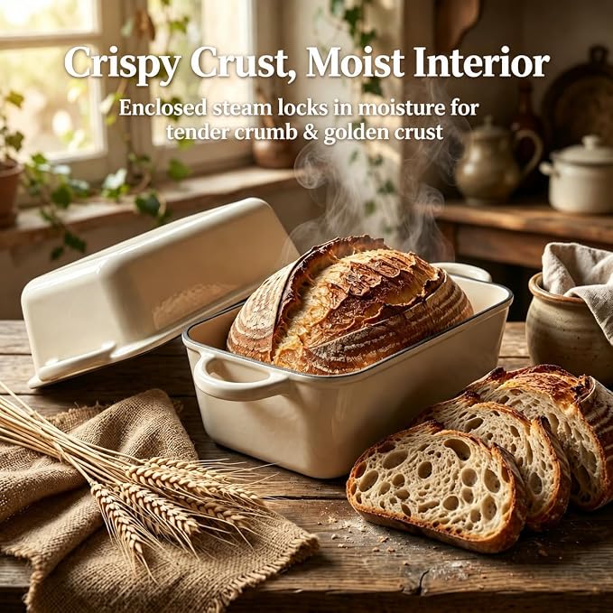 5 Quart Enameled Cast Iron Bread Pan with Lid, Dutch Oven for Sourdough Bread Baking, Large 12.6" Loaf Pan for Homemade Artisan Bread, Oven Safe for Crispy Crust & Fluffy Interior (Cream White)