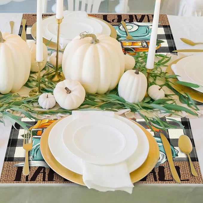 Buffalo Plaid Check Pumpkins Truck Fall Placemats Set of 6, 12x18 Inch Autumn Thanksgiving Table Mats for Holiday Party Kitchen Dining Room Decoration