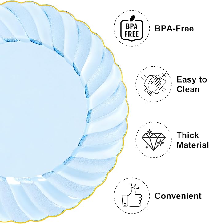 YOUBET 125PCS Clear Blue Gold Plastic Plates - Blue Disposable Plates With Gold Rim Include 25 Dinner Plates 25 Dessert Plates 75 Golden Silverwares for Wedding Birthday & Parties | Clear Blue Disposable Plates With Gold Rim Include 25 Dinner Plates 25...