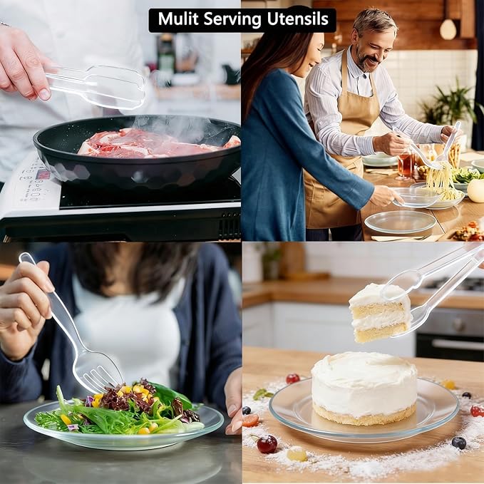 36Pcs Clear Plastic Serving Utensils, Spoons Forks and Tongs Set (Clear) | Disposable party utensils for dinner parties, buffets, salad, noodles, soup and weddings, clear serving supplies set