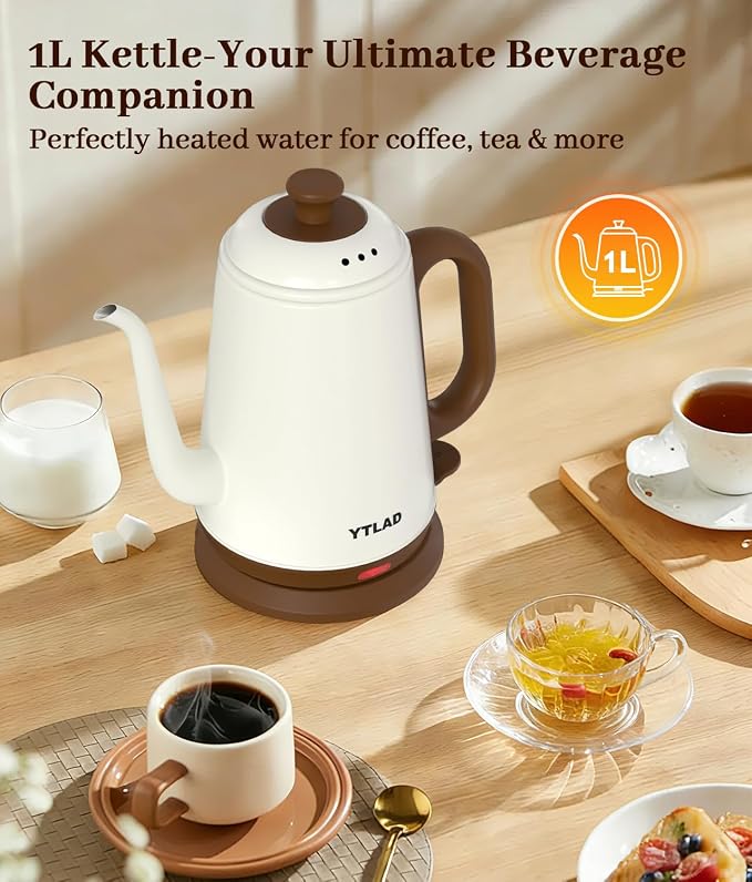 Gooseneck Electric Kettle 1L, 1000W, Pour-Over Coffee & Tea | Precise Flow Spout, 304 Stainless Steel, BPA-Free, Fast Boiling, Auto Shut-Off & Boil-Dry Protection, Retro Design (White)