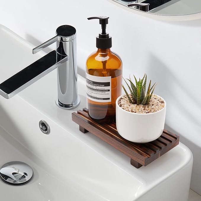 Kitchen Sink Tray for Bathroom Counter Decorative Wooden Riser Soap Holder | Small Dish Soap Dispenser for Bathroom Decor Farmhouse Kitchen Accessories Wood Pedestal Stand Countertop Sponge Vanity Trays