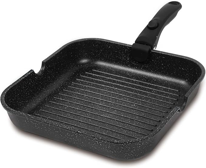 ESLITE LIFE 11 Inch Large Square Grill Pan, Induction Compatible Nonstick Steak Grill Pan with Detachable Handle, Versatile Skillet for Indoor Cooking, PTFE & PFOA Free, Black