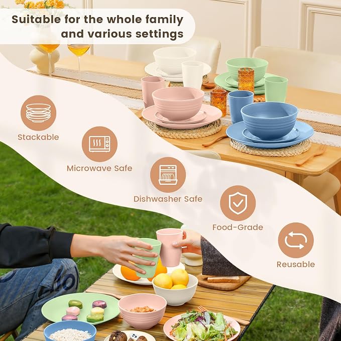 Premium Dinnerwave Sets, Lightweight & Unbreakable Wheat Straw Dish Set - Plates and Bowls Set with Cups, 16 PCS Microwave and Dishwasher Safe Dinnerware Set - Multi Light