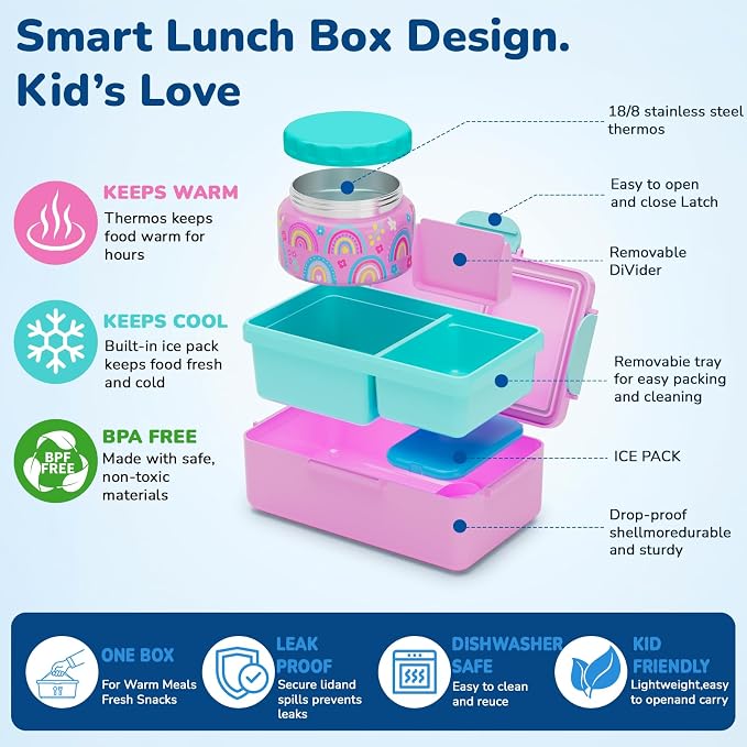 Bento Lunch Box for Kids–12oz Insulated Stainless Steel Soup Jar and Built-in Ice Pack, 3-Compartment Leak-Proof Kids Bento Box for Girls Boys School Travel