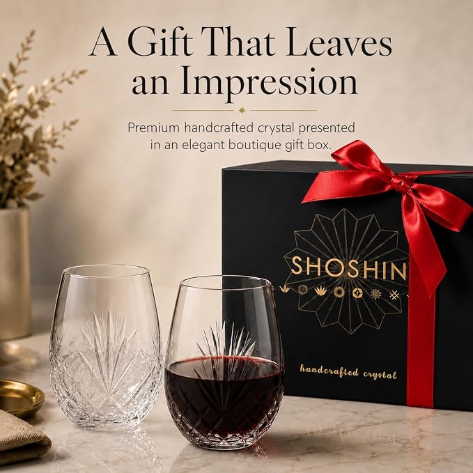 SHOSHIN - Hand Cut Stemless Wine Glass Set of 4, Large 18 oz Crystal Wine Glass, Wine Tumblers for Red and White Wine, Water Glasses, Drinking Glasses