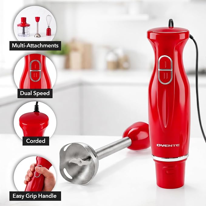 OVENTE Electric Hand Blender Set with 2 Mixing Speeds, 300W Red HS565R | Corded Immersion Handheld Stick Mixer with Stainless Steel Blades, Egg Whisk, Beaker & BPA-Free Food Chopper