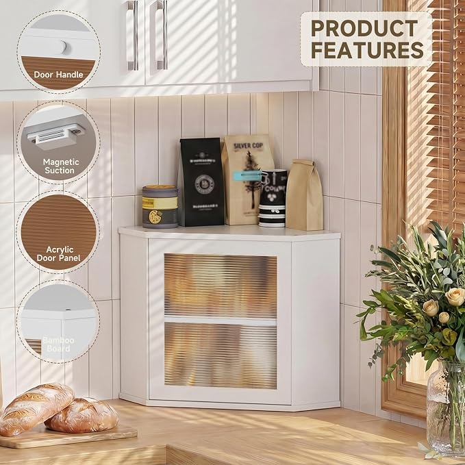 Bread Box for Kitchen Corner Countertop,Large Bread Basket (White, Large) | Double Layer Bamboo Bread Storage Container for Kitchen Countertop,Height Adjustable