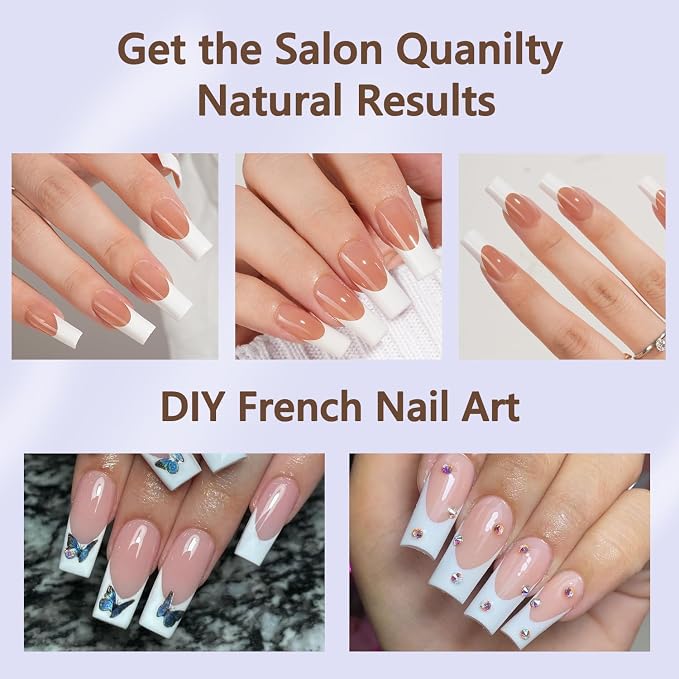 Misssix 240Pcs French Tip Press on Nails Long Square Gel Fake Nails Brown | No Need to File 3 in 1 Tips Pre-lasting, White French Nail Tips for Nail Art DIY 15 Sizes