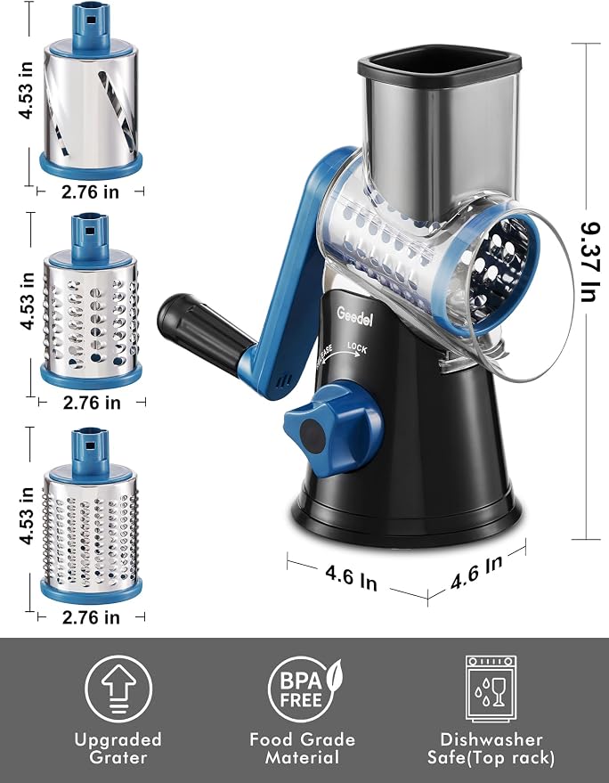 Geedel Rotary Cheese Grater, Kitchen Mandoline Vegetable Slicer with 3 Interchangeable Blades, Easy to Clean Rotary Grater Slicer for Fruit, Vegetables, Nuts | 3 Blades, 430 Stainless Steel, 12x Fast Cutting, Strong Suction Base, No BPA, Dishwasher Saf...