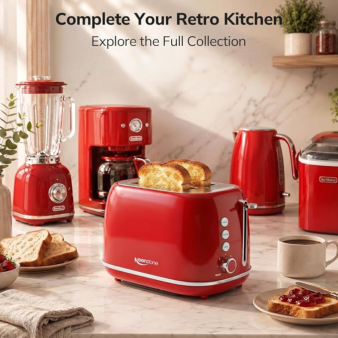 2 Slice Stainless Steel Toaster Retro with 6 Bread Shade Settings, Bagel, Cancel, Defrost Function, Extra Wide Slot, Removable Crumb Tray, Red