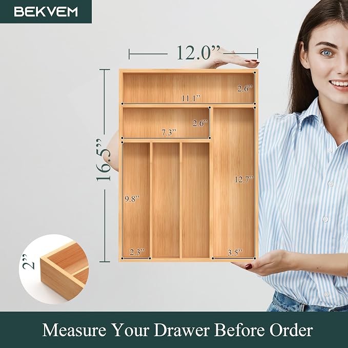 Bamboo Silverware Organizer, Kitchen Drawer Organizer, Utensil Holder, Cutlery Tray & Spoon Flatware Storage with Grooved Drawer Dividers (12''W x 16.5''D)