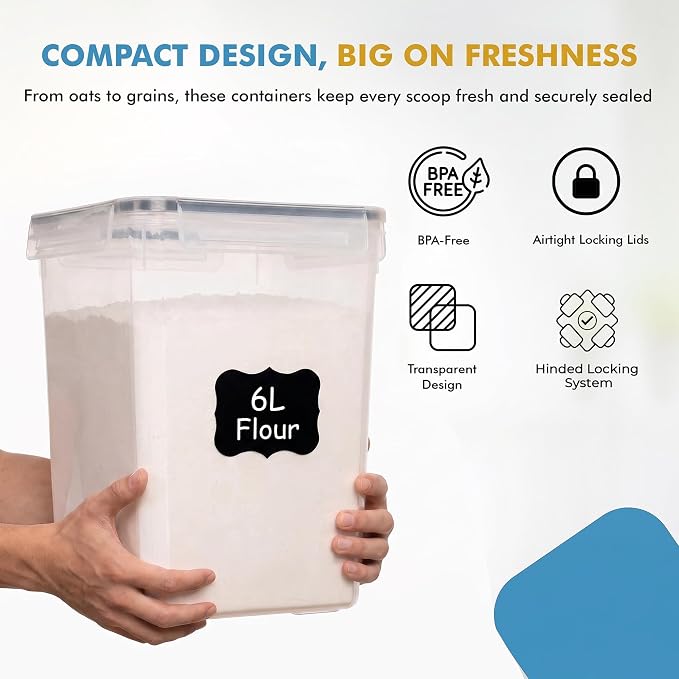 Shazo Flour Sugar Storage Containers Set of 3 (6L, 2.9L, 1.1L) Large Airtight Food Storage Containers with Lids, BPA-Free Plastic Container for Kitchen & Pantry Organizers, Cereal, Rice & Pasta