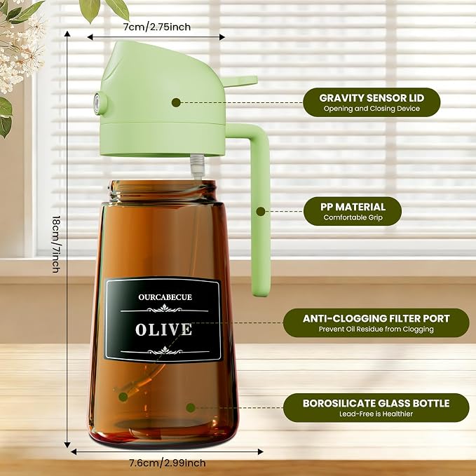 Olive Oil Sprayer & Dispenser Bottle for Cooking 16oz Dark Glass Oil Mister | 2-in-1 Oil Sprayer & Pourer, Fine mist, Light-Blocking, Wide Mouth for Easy Refill & Clean, 8 Oil Labels, Reusable