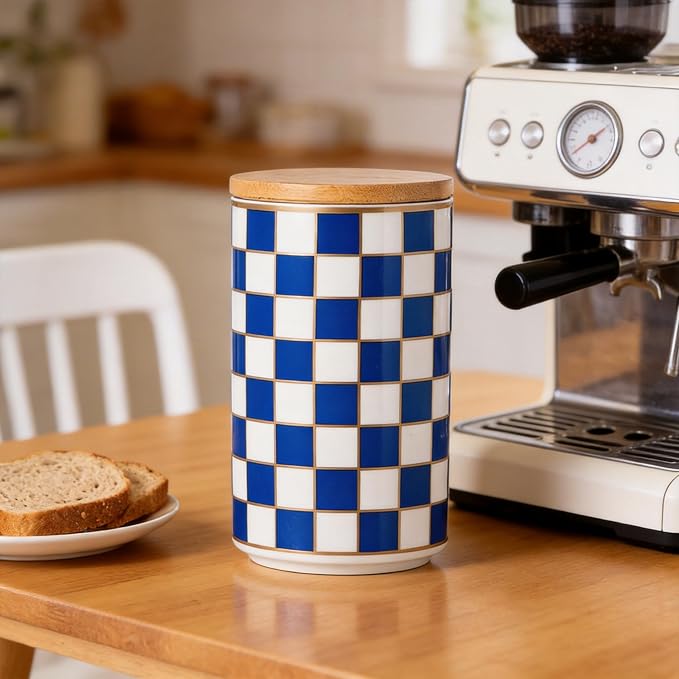 Kitchen Countertop Ceramic Checkered Canisters,Black And White Food Storage Containers With Lid,Airtight Kitchen Canisters for Flour, Sugar, Coffee, Tea, and Dry Goods (Blue, Large)