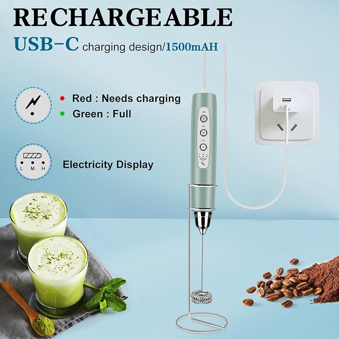 Milk Frother Wand Rechargeable Handheld Whisk Coffee 3 Speed Adjustable | Electric Whisk Drink Mixer with Stainless 3 Whisks Hand Frother , Foam Maker for Latte Cappuccino Matcha Egg Silver