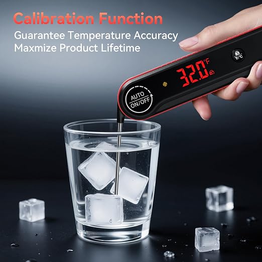 0.3s Instant Read Meat Thermometer, IP67 Waterproof (Red) | Rotating Display, Calibration Function, Ideal for Grill, BBQ, Frying and Kitchen Cooking