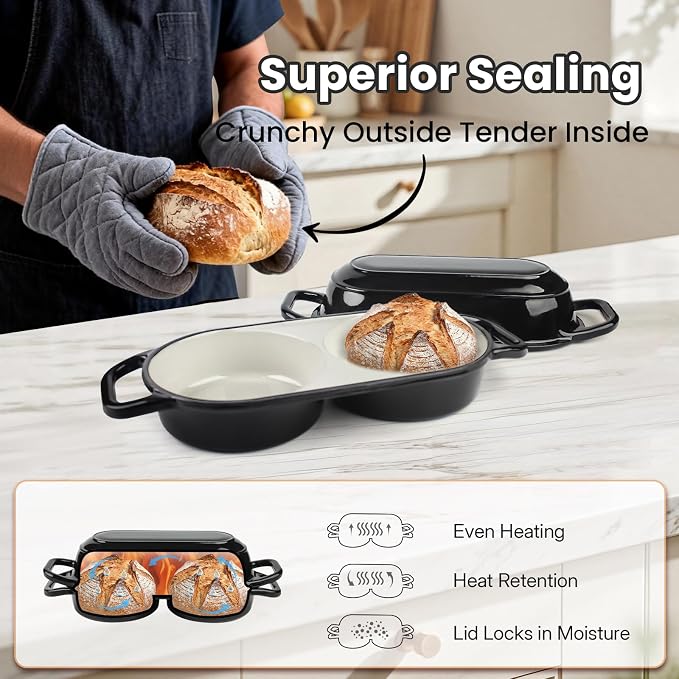 YONILL Mini Double Dutch Oven with Lid for Sourdough Bread Baking (Black) | Enameled Cast Iron Pot with Lid, 5" Banneton Bread Proofing Basket Include, Dual Round Bread Loaf Pan for Homemade Baking