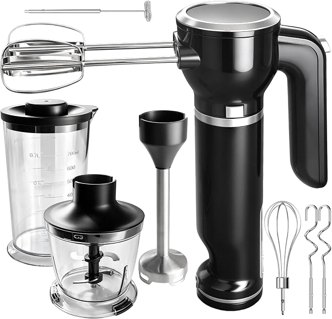 Hand Mixer, 6-in-1 Multifunctional Electric Handheld Immersion Blender Bundle and Whisk, Milk Frother, Food Chopper