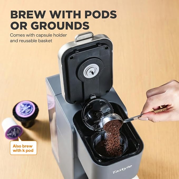 Tastyle Single Serve Coffee Maker for K Cups and Grounds with 3 Brew Styles | 40oz Removable Water Tank, 6 to 24oz Brew Size, Compact Design, Fits 7.3" Travel Mug, for Home, RVs and Office, K330IC, Gray